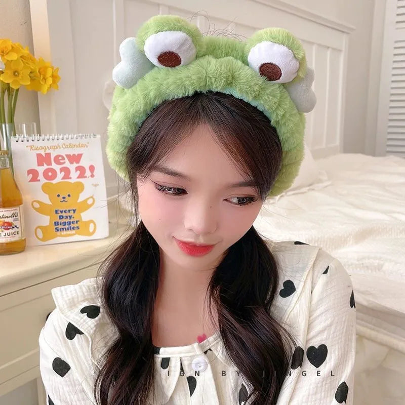 Funny Cartoon Big Eyes Green Frog Headband Female Face Wash Cute Plush Hair Band Headband Mask Headdress