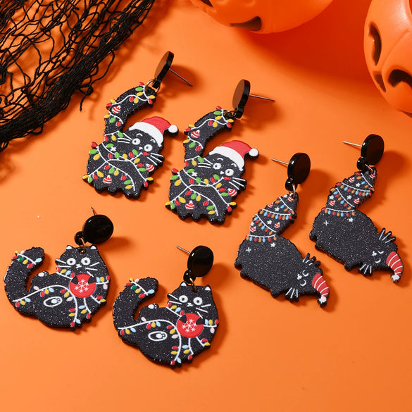 Funny Christmas Black Cat Acrylic Earrings