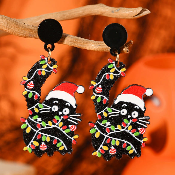 Funny Christmas Black Cat Acrylic Earrings
