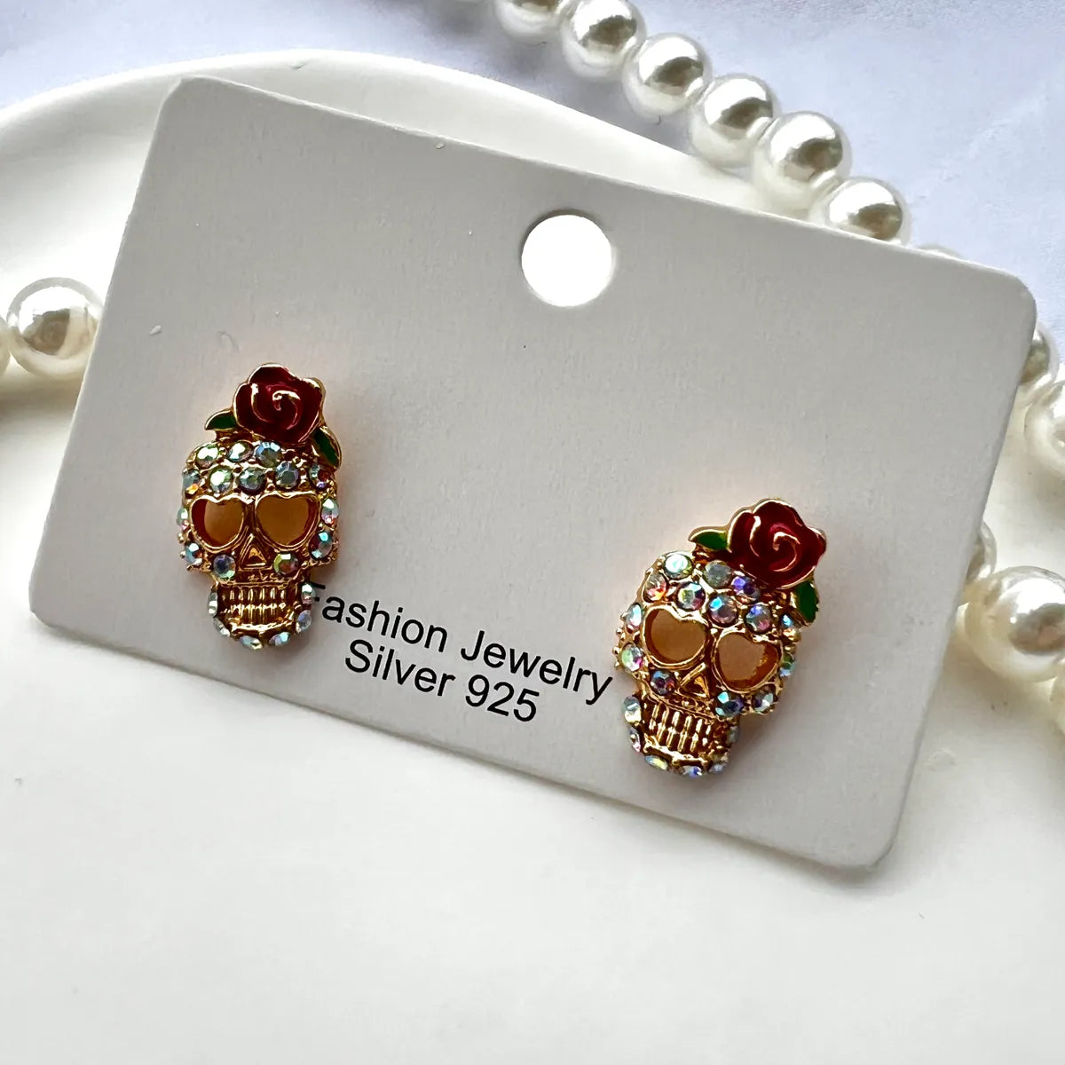 Funny Flower Skull Alloy Plating Inlay Zircon Gold Plated Halloween Women'S Ear Studs