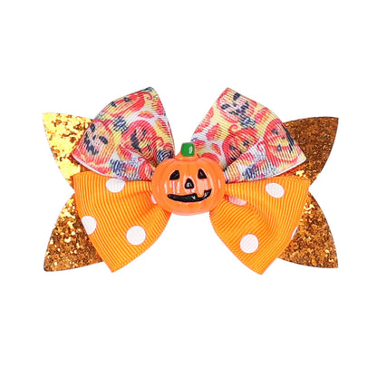 Kid'S Funny Halloween Pattern Pumpkin Bat Ribbon Sequins Bowknot Hair Clip