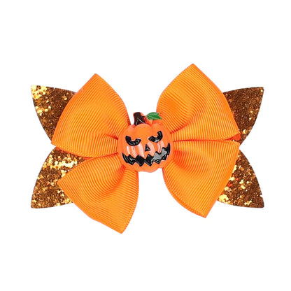 Kid'S Funny Halloween Pattern Pumpkin Bat Ribbon Sequins Bowknot Hair Clip