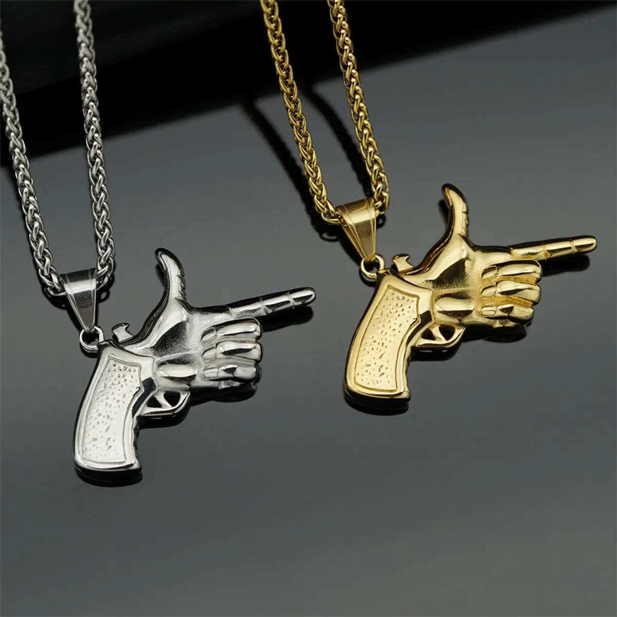 Funny Novelty Hand Pistol Stainless Steel Plating 18k Gold Plated Unisex Pendant Necklace