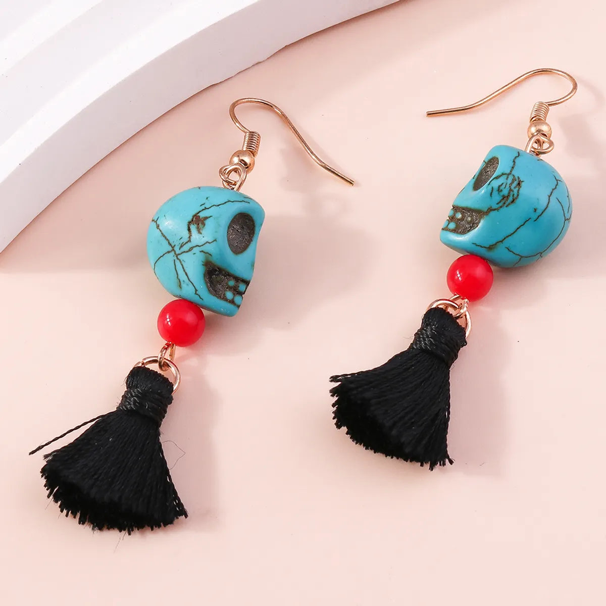 Funny Skull Turquoise Tassel Drop Earrings 1 Pair