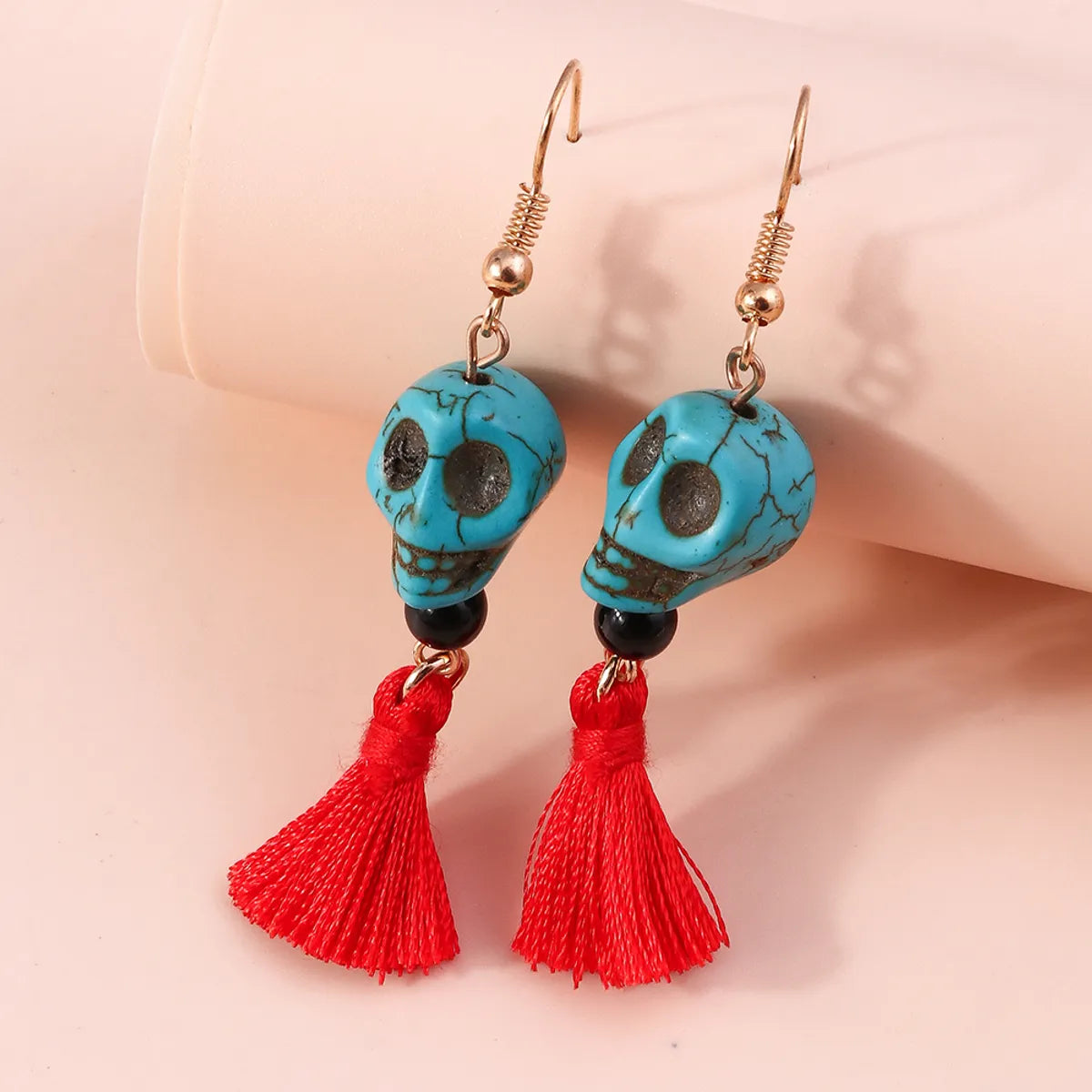 Funny Skull Turquoise Tassel Drop Earrings 1 Pair