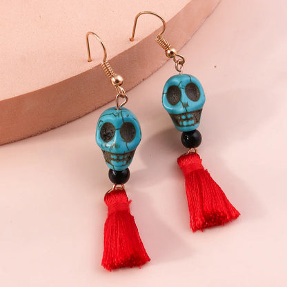 Funny Skull Turquoise Tassel Drop Earrings 1 Pair