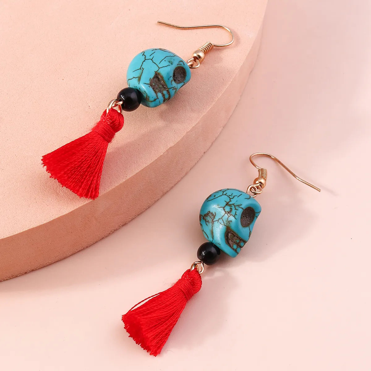 Funny Skull Turquoise Tassel Drop Earrings 1 Pair