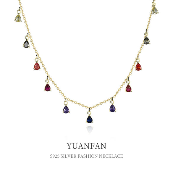 Gem Necklace 925 Sterling Silver Drop Shape Tassel Retro Style