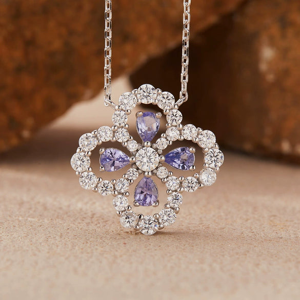 Gemstone Necklace For Women Natural Tanzanite Garnet Aquamarine Diopside Clover 225 Sterling Silver Clavicle Cross Chain Light Luxury Style