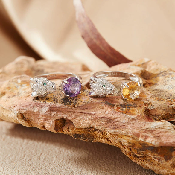 Gemstone Ring S925 Sterling Silver Animal Pattern Crystal