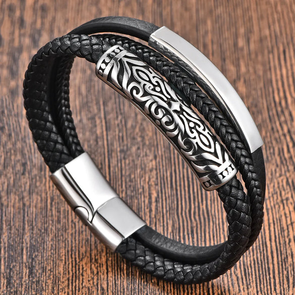 Geometric 316L Stainless Steel  Leather Men'S Bracelets Men Cord & Leather Bracelets