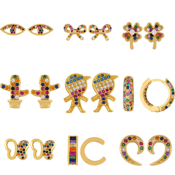 Geometric And Small Heart Stud Earrings For Women Made Of Copper With Electroplating Treatment