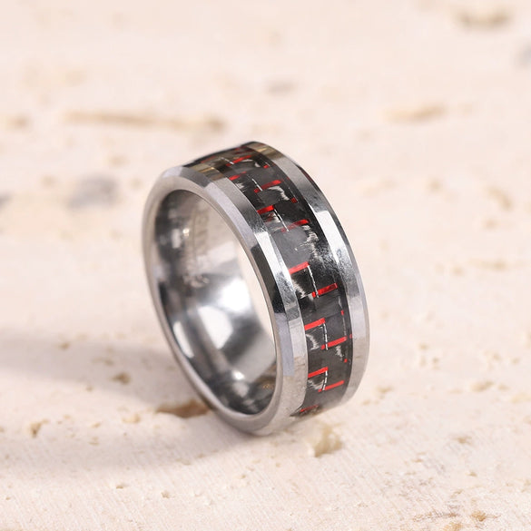 Geometric Beveled Tungsten Steel Ring With Carbon Fiber Inlay And Electroplated Finish Unisex Couple Jewelry Wholesale