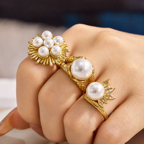 Geometric Chic Ring With Imitation Pearls And Zircon 316L Stainless Steel Electroplated Gold Fashion Jewelry