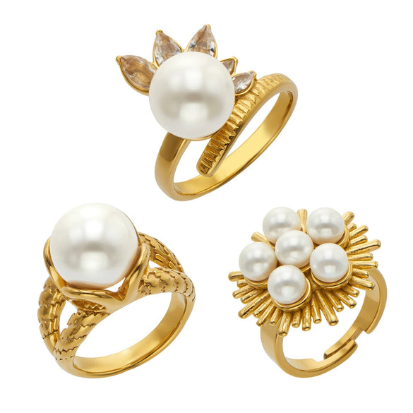 Geometric Chic Ring With Imitation Pearls And Zircon 316L Stainless Steel Electroplated Gold Fashion Jewelry