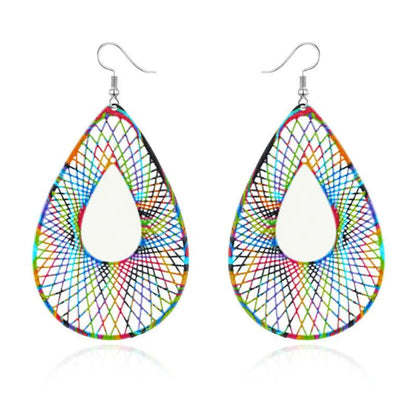 Geometric Colorful Openwork Carved Leaves Big Earrings Retro