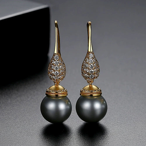 Geometric Copper Ear Hook Pearl Earrings With Zircon Accents And Shell Bead Details Elegant Jewelry Set