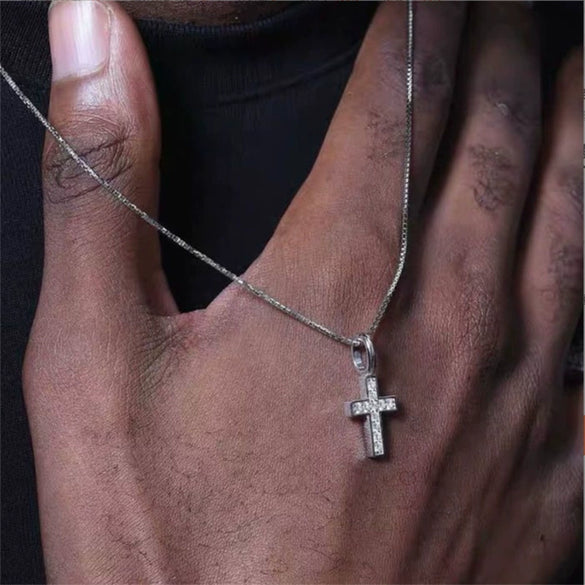 Geometric Cross Pendant Necklace With Full Diamond Detail Electroplated Stainless Steel Box Chain Unisex Casual Punk Jewelry