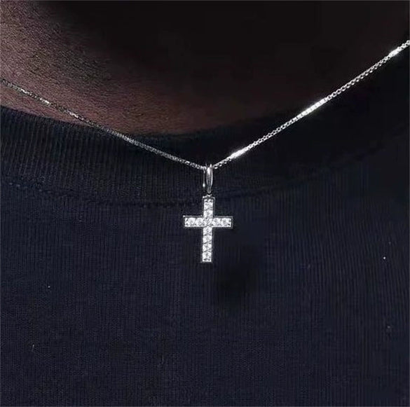 Geometric Cross Pendant Necklace With Full Diamond Detail Electroplated Stainless Steel Box Chain Unisex Casual Punk Jewelry