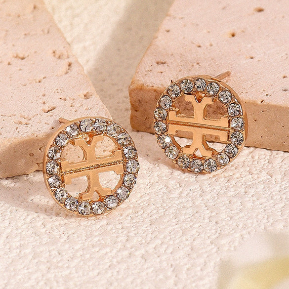 Geometric Cutout Rhinestone Hoop Earrings With Goldtone Edges Zinc Alloy Fashion Jewelry For Women