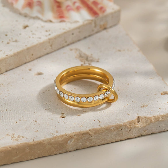 Geometric Double Layer Titanium Steel Ring With Diamond Encrusted Light Luxury Design And Pvd Vacuum Real Gold Electroplating