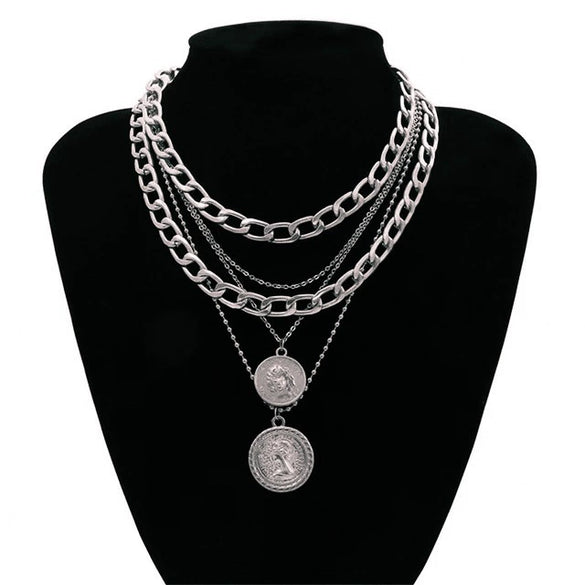 Geometric Embossed Coin Pendant Necklace Set With Layered Chain And Lock Clasp Electroplated Alloy Jewelry In Classic Old Money Style