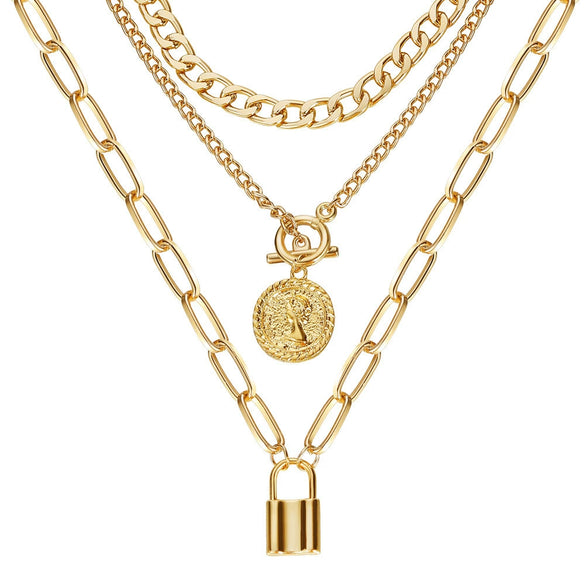 Geometric Embossed Coin Pendant Necklace Set With Layered Chain And Lock Clasp Electroplated Alloy Jewelry In Classic Old Money Style