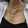 Geometric Embossed Coin Pendant Necklace Set With Layered Chain And Lock Clasp Electroplated Alloy Jewelry In Classic Old Money Style