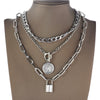 Geometric Embossed Coin Pendant Necklace Set With Layered Chain And Lock Clasp Electroplated Alloy Jewelry In Classic Old Money Style