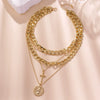 Geometric Embossed Coin Pendant Necklace Set With Layered Chain And Lock Clasp Electroplated Alloy Jewelry In Classic Old Money Style