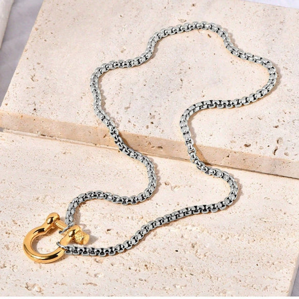 Geometric Goldplated Titanium Steel Carabiner Pendant Pearl Strand Necklace For Women In Light Luxury Style