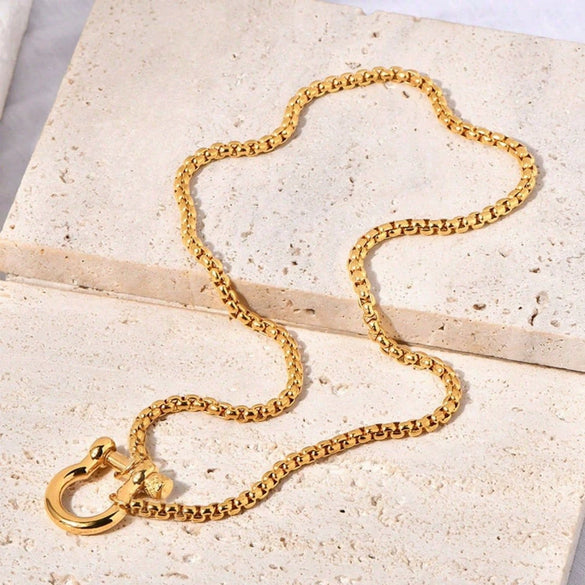 Geometric Goldplated Titanium Steel Carabiner Pendant Pearl Strand Necklace For Women In Light Luxury Style