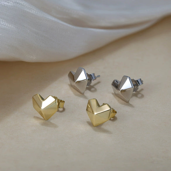 Geometric Heartshaped Silver Earrings With Electroplating Design