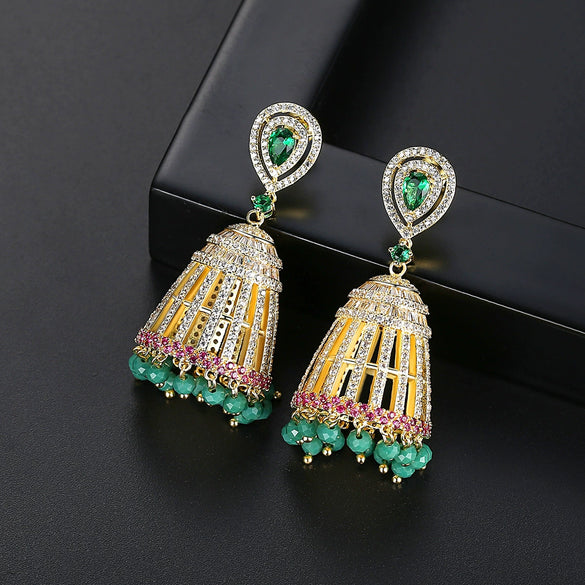 Geometric Hollow 3D Copper Earrings With Zircon Inlay Electroplated Retro Tassel Drop Design For Women