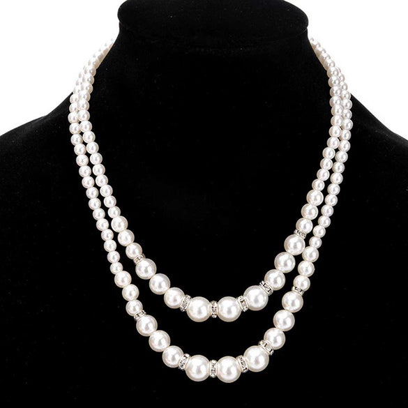 Geometric Imitation Pearl Beaded Long Sweater Necklace With Double Pearl Pendant And Sparkling Decorative Accents