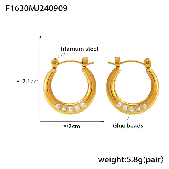 Geometric Imitation Pearl Open Ear Ring 316L Stainless Steel Rubber Beads 18K Gold Plated Earrings For Women