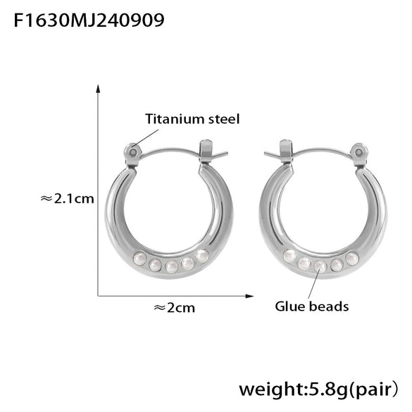 Geometric Imitation Pearl Open Earring And Ring Set Titanium Steel Plated 18K Gold Electroplated For Women