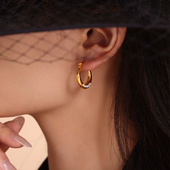 Geometric Imitation Pearl Open Earring And Ring Set Titanium Steel Plated 18K Gold Electroplated For Women