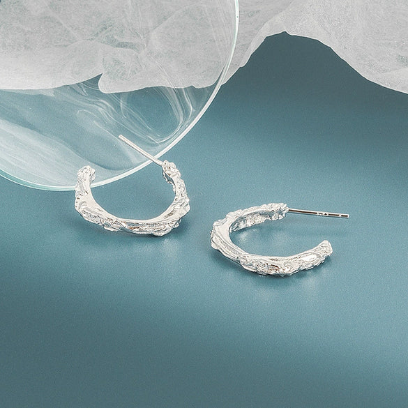 Geometric Irregular C Shaped Sterling Silver Earrings With Concave Convex Textured Electroplated Finish