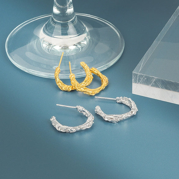 Geometric Irregular C Shaped Sterling Silver Earrings With Concave Convex Textured Electroplated Finish