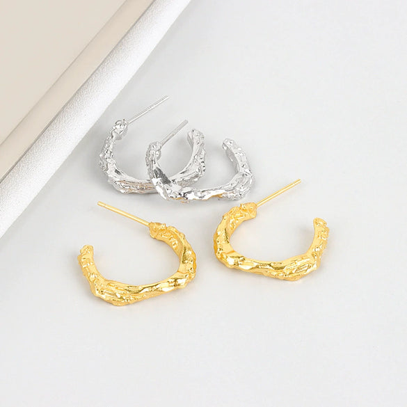 Geometric Irregular C Shaped Sterling Silver Earrings With Concave Convex Textured Electroplated Finish