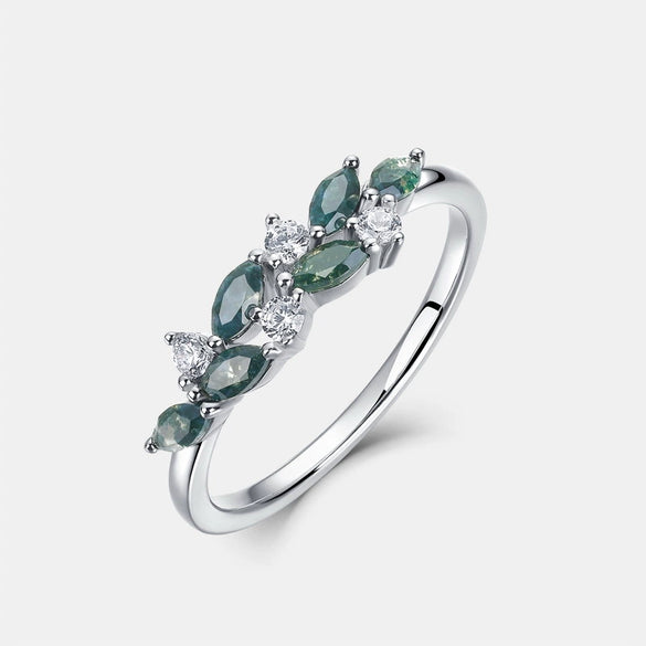 Geometric Leaves Green Moss Stone Agate S925 Silver Ring Retro Style Diamond Design