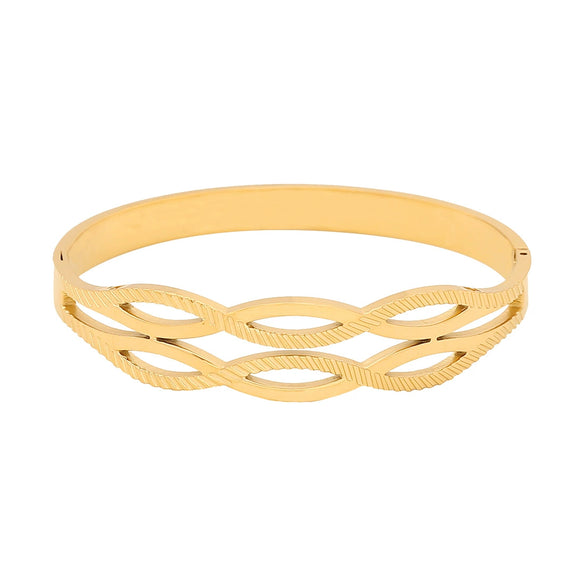 Geometric Lines Stainless Steel Bracelet With Golden Leaf Design Electroplated Jewelry