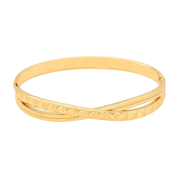 Geometric Lines Stainless Steel Bracelet With Golden Leaf Design Electroplated Jewelry