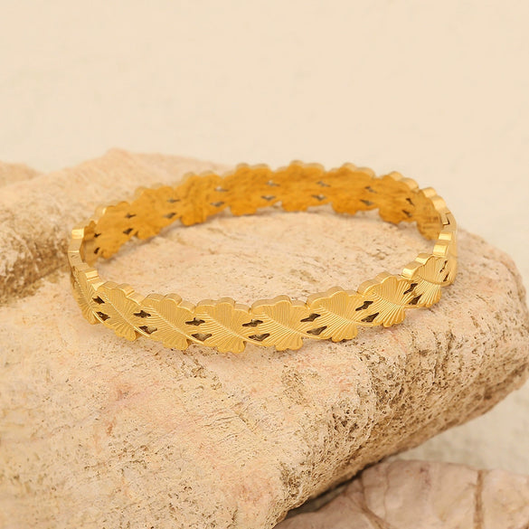 Geometric Lines Stainless Steel Bracelet With Golden Leaf Design Electroplated Jewelry