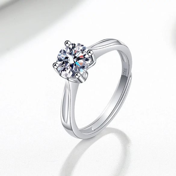 Geometric Moissanite Ring In 925 Sterling Silver With Four Claw Setting Electroplated Adjustable Open Band For Women