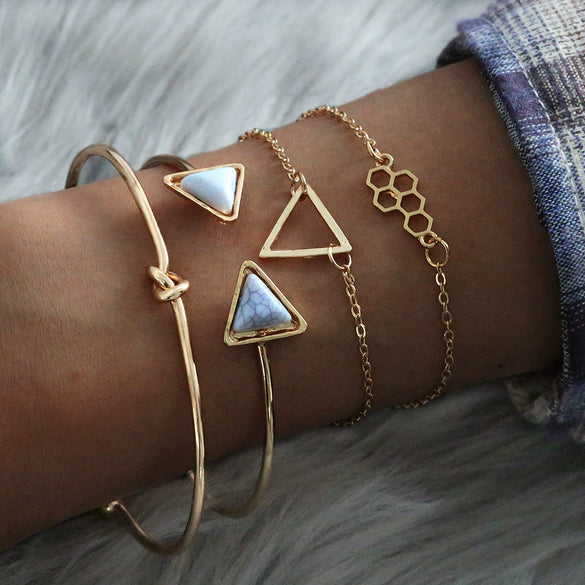 Geometric Molecule White Turquoise Knotted Bracelet 4Piece Set For Women Made Of Alloy With Electroplating Treatment