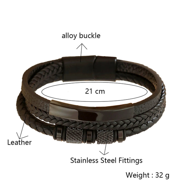 Geometric Multilayer Handwoven Leather Men's Alloy Magnet Buckle Bracelet