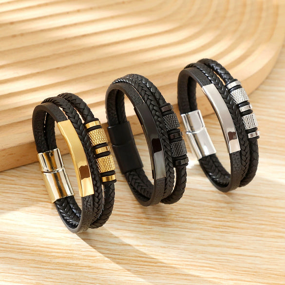 Geometric Multilayer Handwoven Leather Men's Alloy Magnet Buckle Bracelet