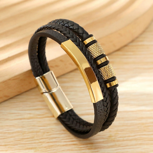Geometric Multilayer Handwoven Leather Men's Alloy Magnet Buckle Bracelet